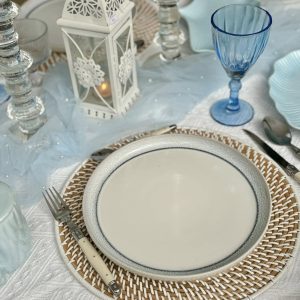WHITE SPECKLED PLATE W/ BLUE RIM