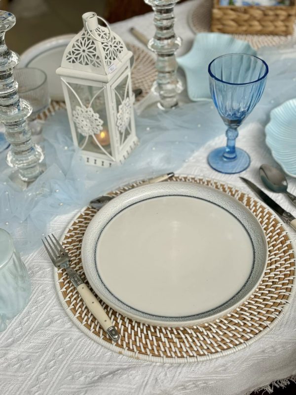 WHITE SPECKLED PLATE W/ BLUE RIM