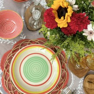 COLORED SWIRL PLATE W/ ORANGE RIM