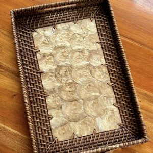 RATTAN RECTANGULAR TRAY W/ CAPIZ