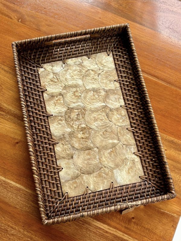 RATTAN RECTANGULAR TRAY W/ CAPIZ